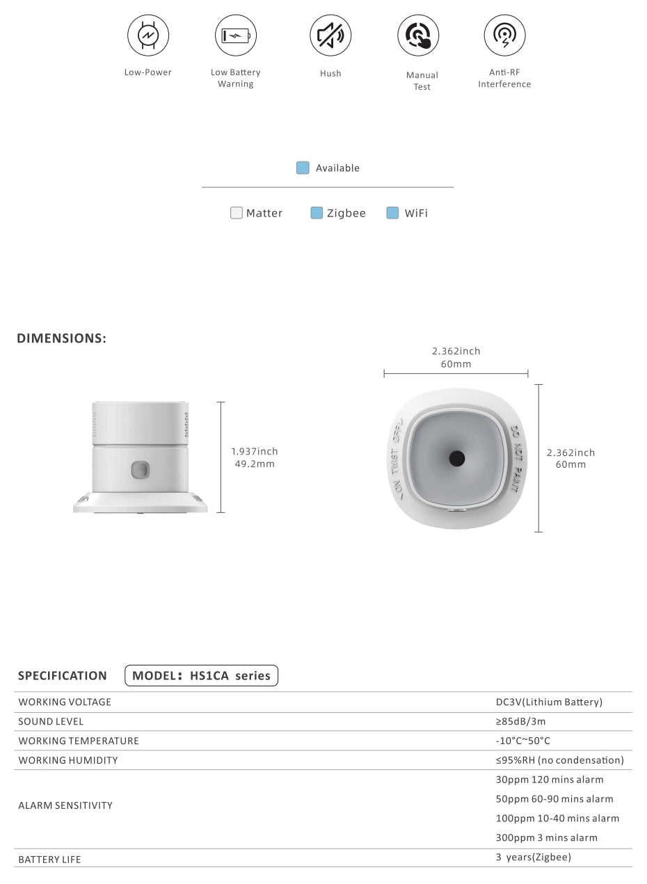 Carbon monoxide detector, CO sensor, Zigbee 3.0, HS1CA