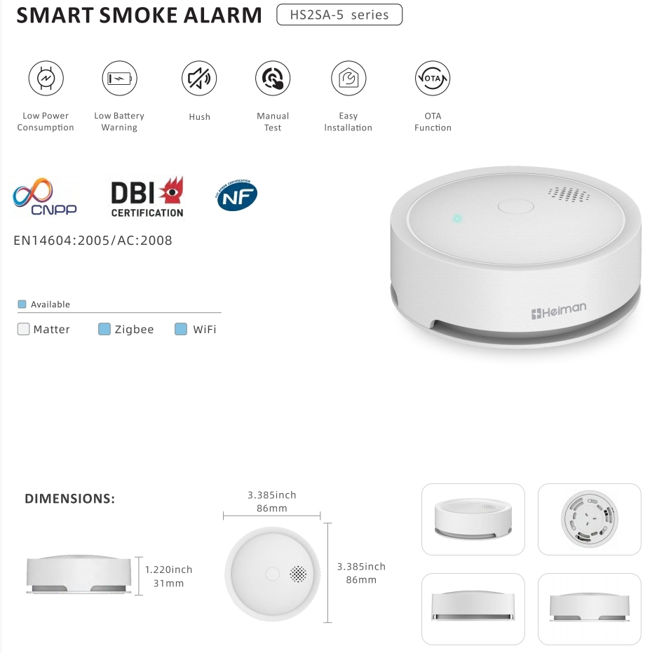 Zigbee 3.0 smoke detector HS2SA-5 from Heiman