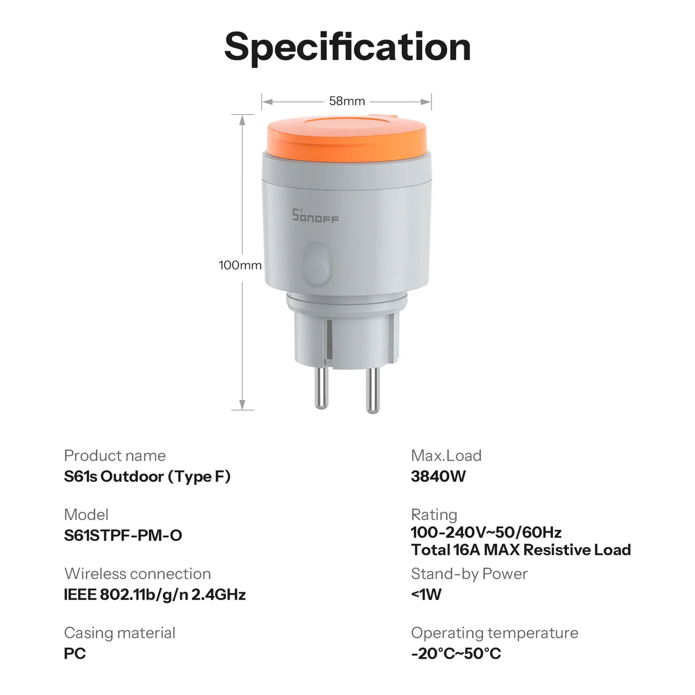 SONOFF S61s Outdoor Matter WLAN-Steckdose Typ F mit Verbrauchsmessung - S61STPF-PM-O