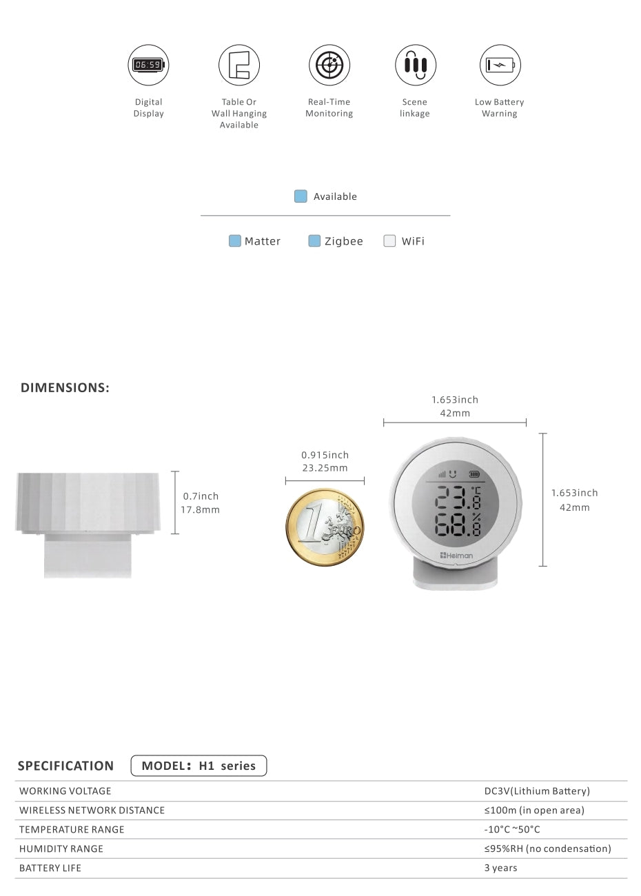 Matter Smart Thermometer with Humidity Meter Heiman H1-M