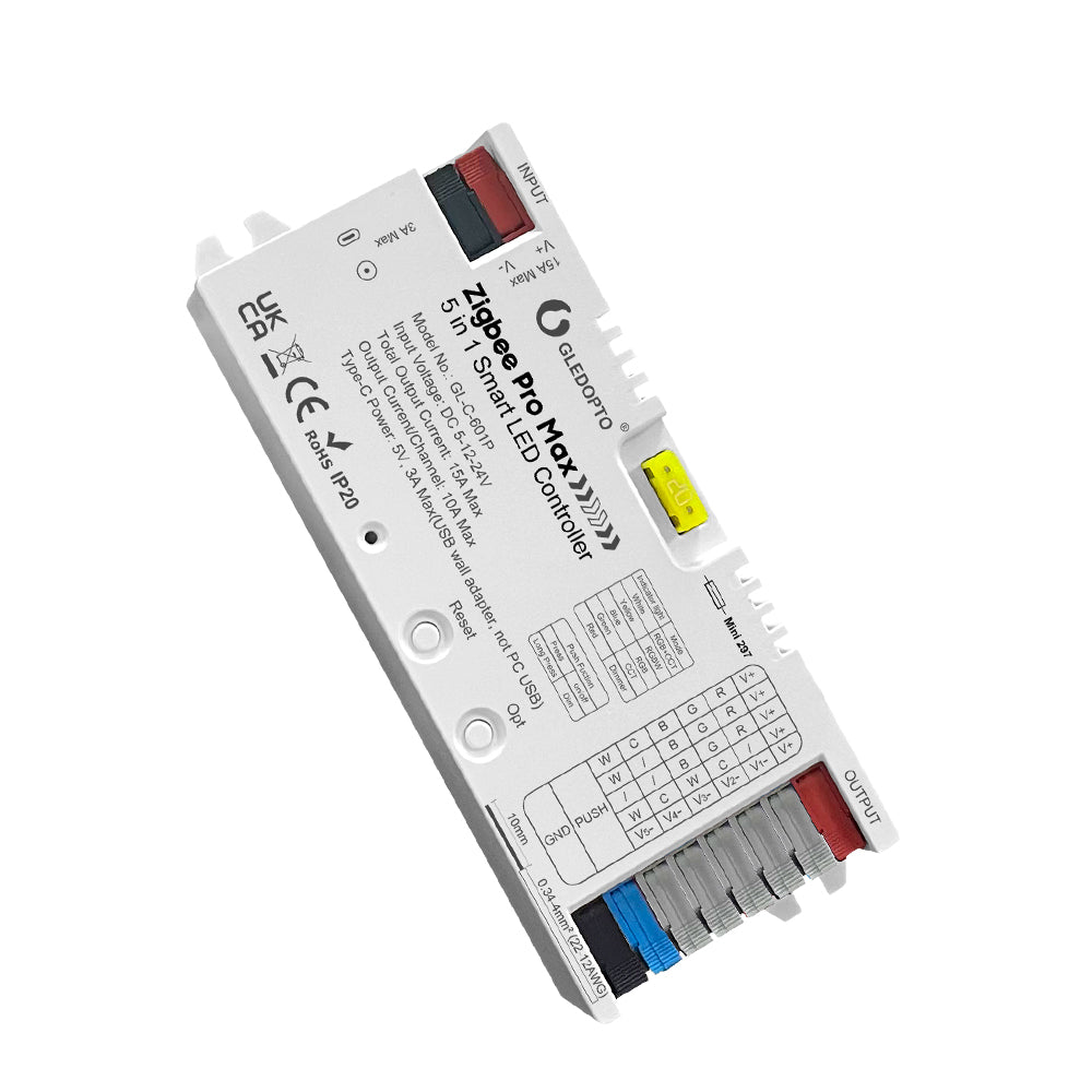 GLEDOPTO GL-C-601P Smart ZigBee 3.0 Pro Max 5in1 LED Controller – RGBCCT/RGBW/RGB/CCT/Dimmer, 5–24V, 15A, Hue/Alexa/Home Assistant kompatibel