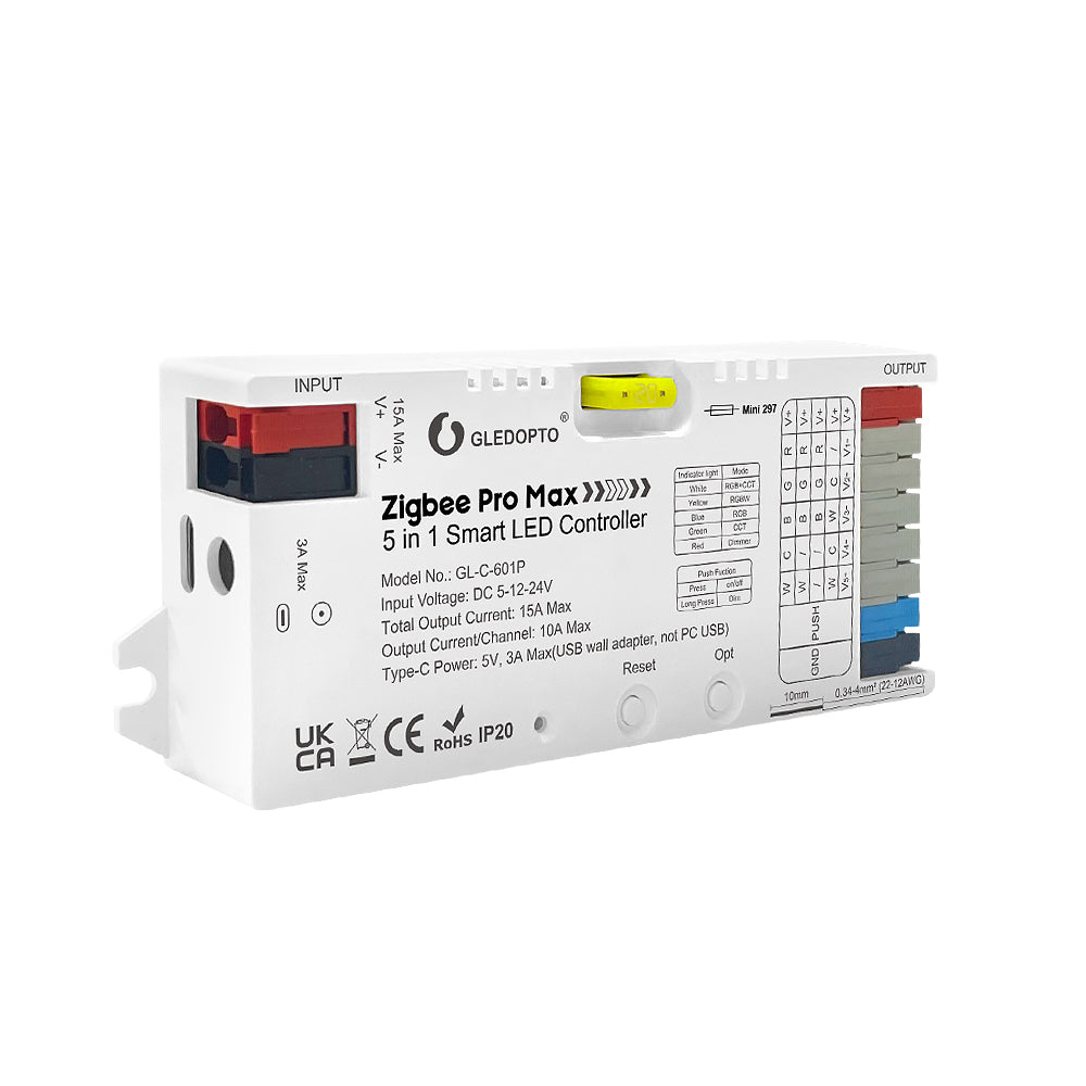 GLEDOPTO GL-C-601P Smart ZigBee 3.0 Pro Max 5in1 LED Controller – RGBCCT/RGBW/RGB/CCT/Dimmer, 5–24V, 15A, Hue/Alexa/Home Assistant kompatibel