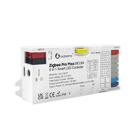 GLEDOPTO GL-C-601P Smart ZigBee 3.0 Pro Max 5in1 LED Controller – RGBCCT/RGBW/RGB/CCT/Dimmer, 5–24V, 15A, Hue/Alexa/Home Assistant kompatibel