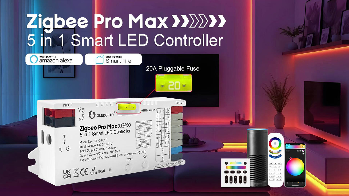 GLEDOPTO GL-C-601P Smart ZigBee 3.0 Pro Max 5in1 LED Controller – RGBCCT/RGBW/RGB/CCT/Dimmer, 5–24V, 15A, Hue/Alexa/Home Assistant kompatibel