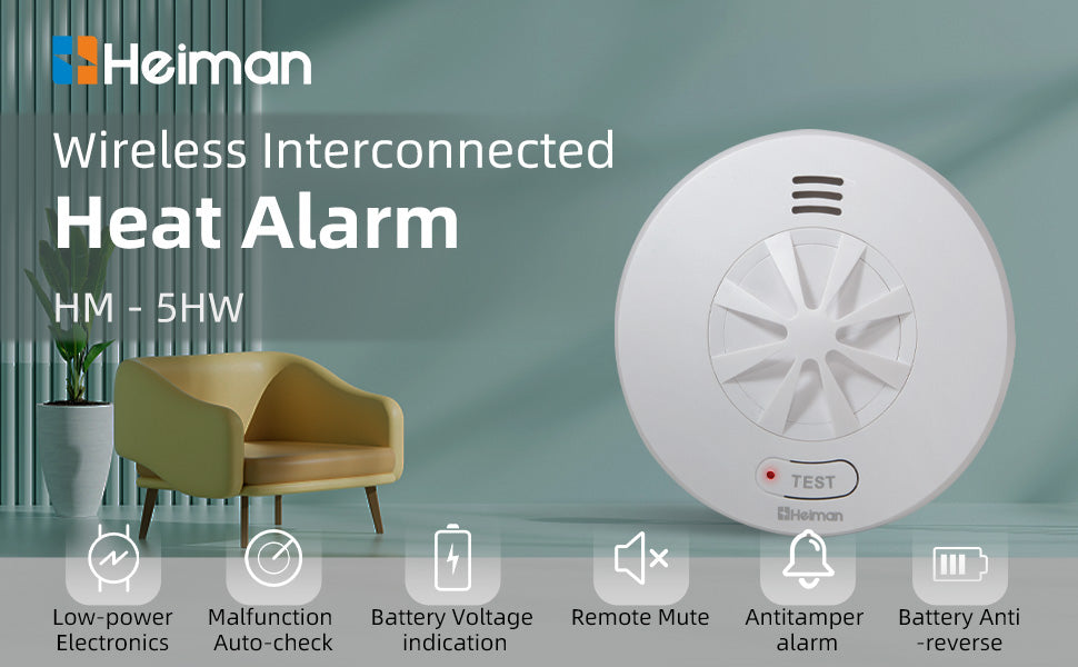 Heiman HM-5HW-T Funk-Hitzewarnmelder – vernetzbarer Wärmemelder mit 10-Jahres-Batterie